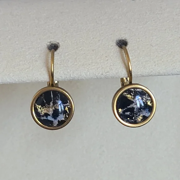 Elegant Hand Crafted Boho Black Gold Gemstone Marble Circle Drop Dangle Earrings - Picture 2 of 13